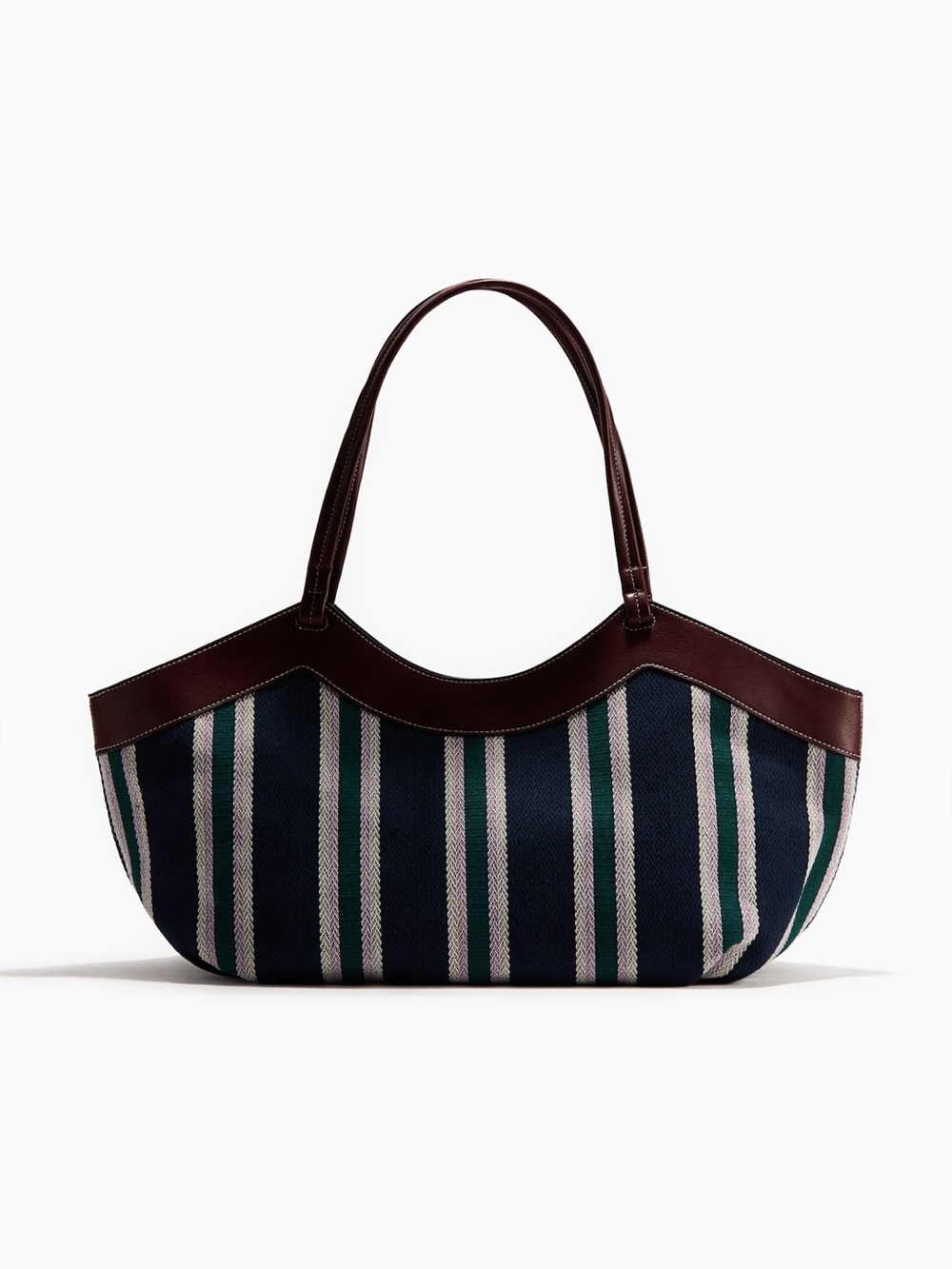 NWT H&M Herringbone Navy Green Striped Shopper Shoulder Tote